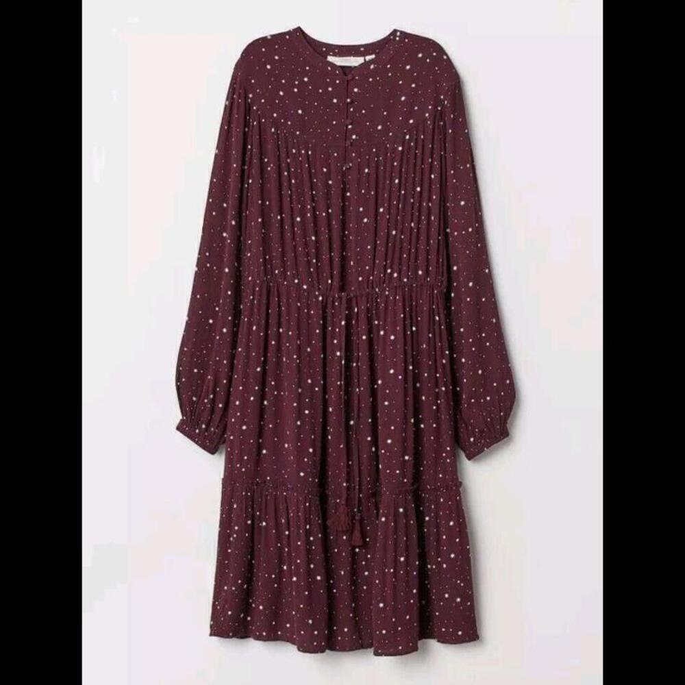 H&M Women's Viscose crêpe dress Burgundy Plum Star Poka Dot  Tie Waist Size 6